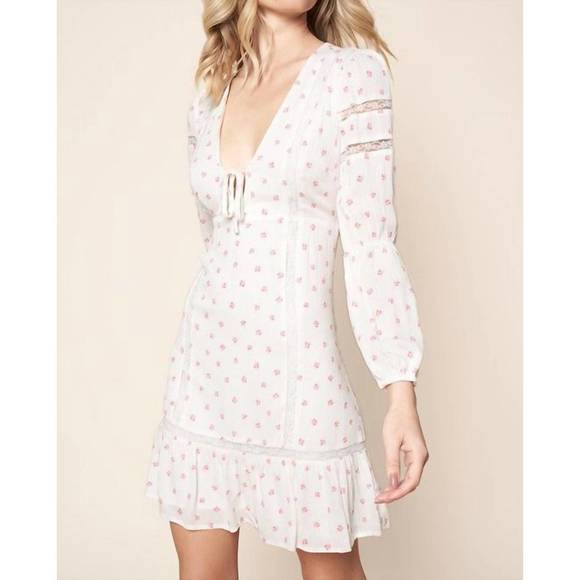 NEW SUGARLIPS floral long sleeve lace trim mini dress in white/pink flowers - Picture 1 of 2